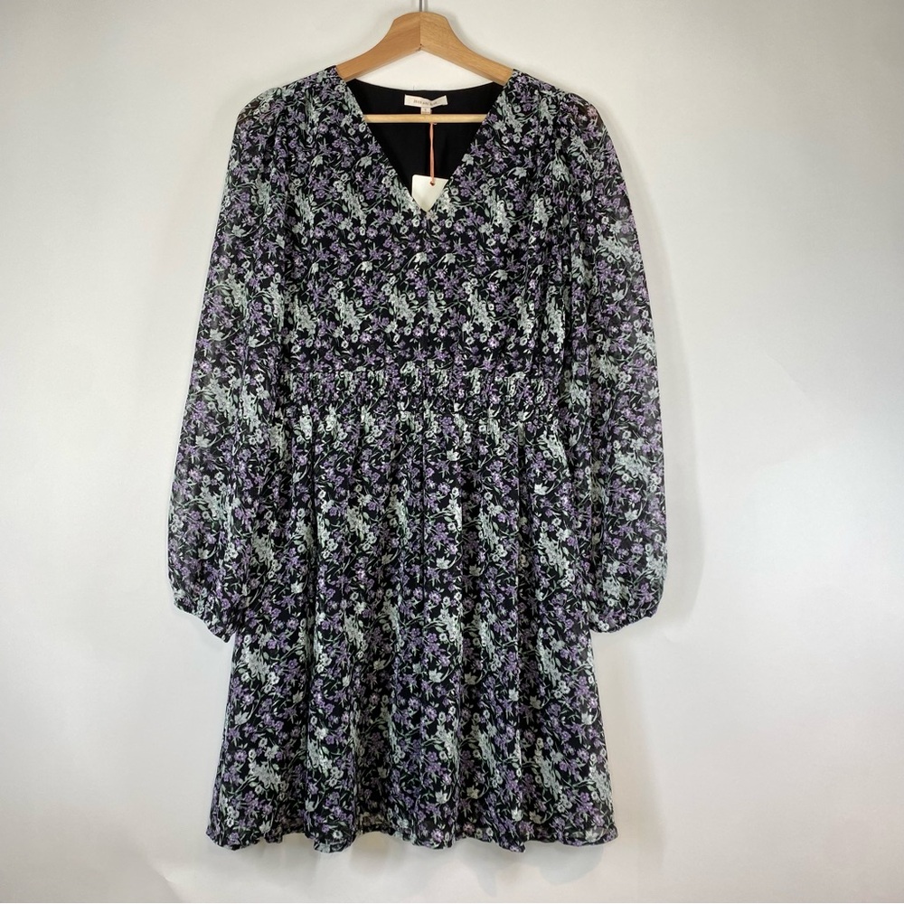 NWT Skies Are Blue Black Purple Floral V-Neck Sheer Long Sleeve Dress Size S